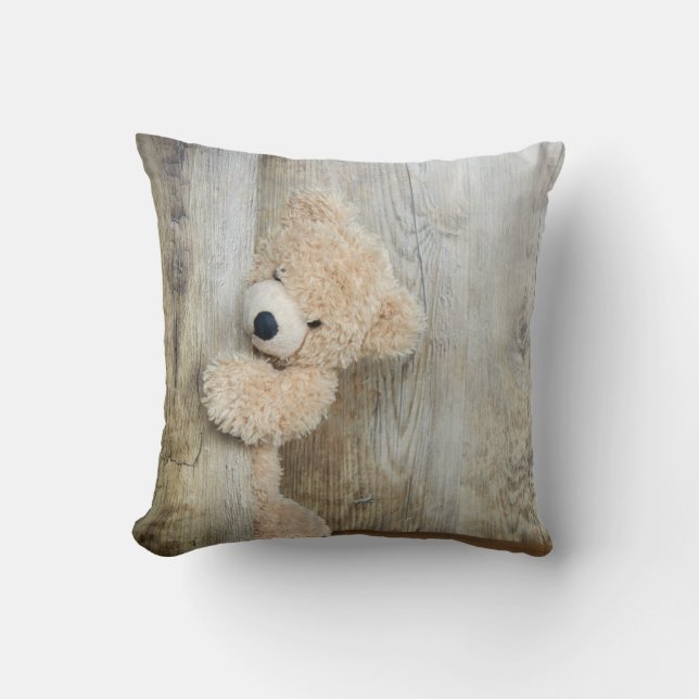 Coussin Ours Cute Stuffé Mur Rustique En Bois (Recto)