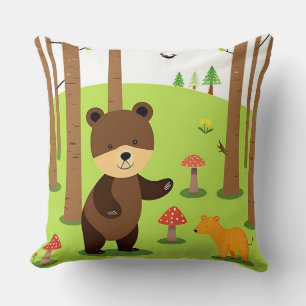 Coussin Ours de dessin animé mignon dans une scène de forê