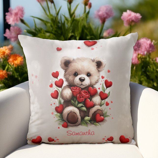 Coussin Ours de Saint-Valentin mignon aux roses rouges et  (Créateur téléchargé)