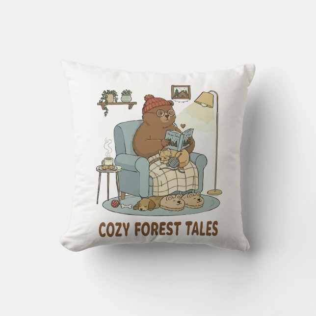 Coussin Ours douillet lisant 'Contes de la forêt' avec un  (Recto)