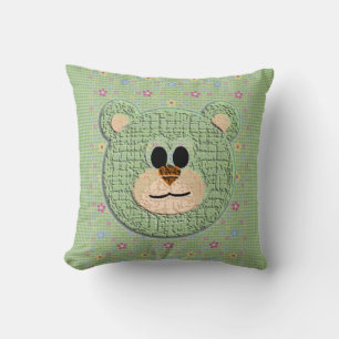 Coussin Ours en peluche 3D avec carreaux et motifs floraux