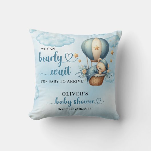 Coussin ours en peluche bleu brun ivoire chaud ballon d'ai (Recto)