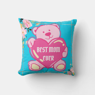 Coussin Ours en peluche bleu ciel rose cœur motif floral