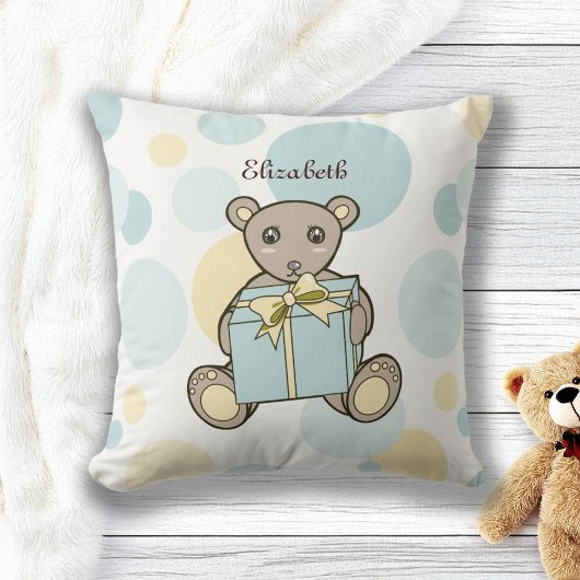 Coussin Ours en peluche bleu pastel personnalisé jaune mig