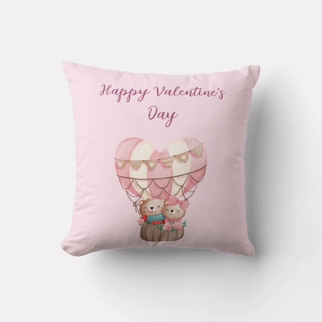 Coussin Ours en peluche de la Saint-Valentin rose montgolf (Recto)