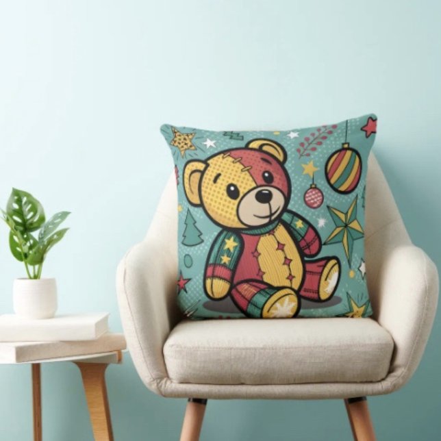 Coussin Ours en peluche de Noël patchwork fantaisiste (Throw Pillow 100% polyester heavyweight stretch material. Hidden zipper Made in the USA.
)