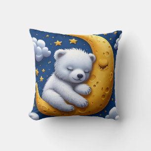 Coussin Ours en peluche endormi sur un croissant de lune