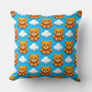 Coussin Ours en peluche et nuages sur fond bleu