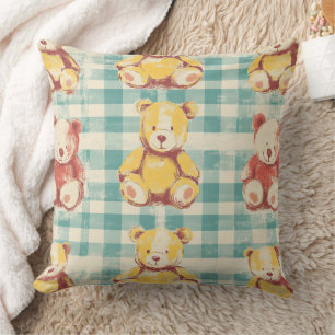 Coussin Ours en peluche vintage shabby chic motif gingham