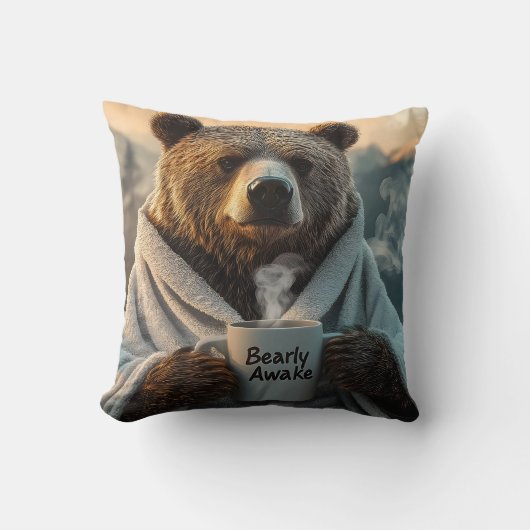 Coussin Ours en robe tenant de la Mug de café (Recto)