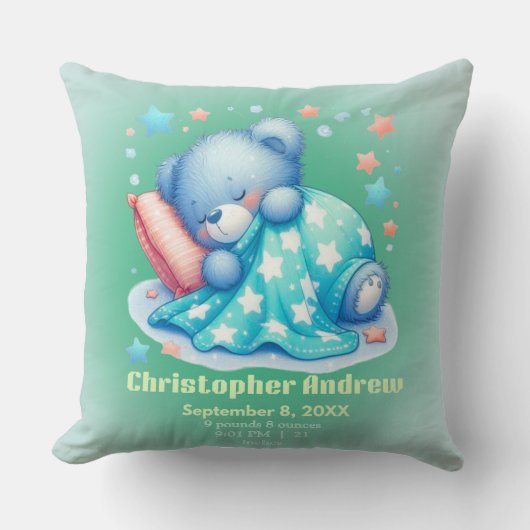 Coussin Ours endormi bébé garçon statistiques de naissance (Recto)