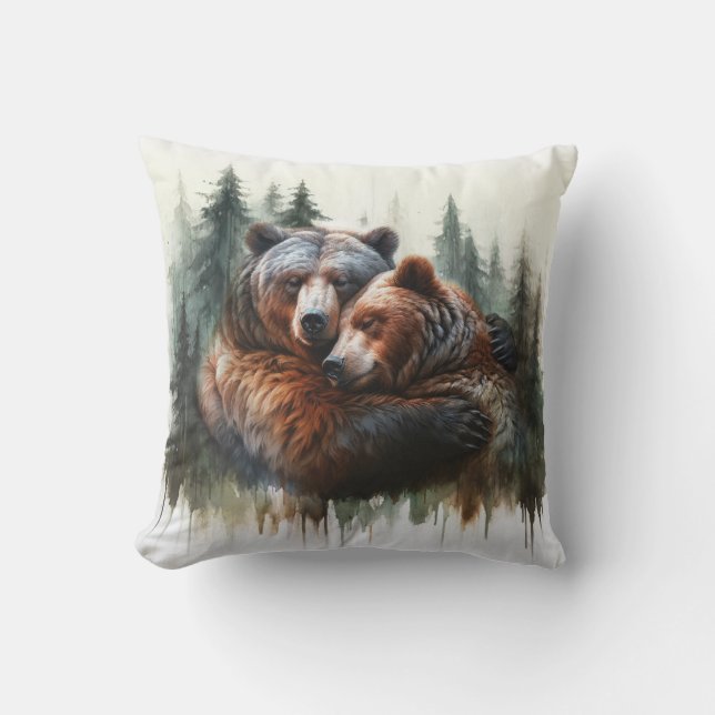 Coussin Ours et arbres à l'aquarelle Rustique sauvage (Recto)