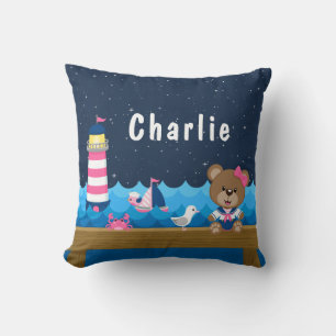 Coussin Ours fille nautique rose et marine