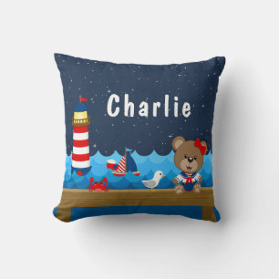Coussin Ours fille nautique rouge et marine
