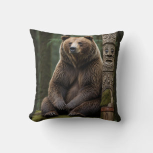 Coussin Ours grizzli et totem Pole Art de la faune