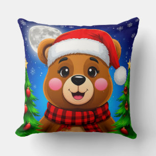 Coussin Ours heureux avec un chapeau de Père Noël