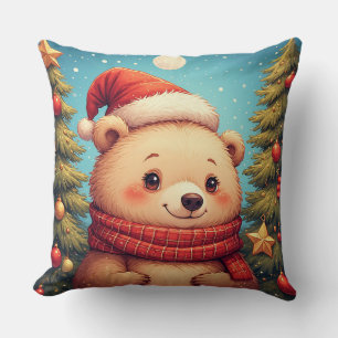 Coussin Ours heureux avec un chapeau de Père Noël