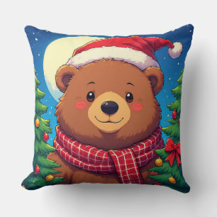Coussin Ours heureux avec un chapeau de Père Noël
