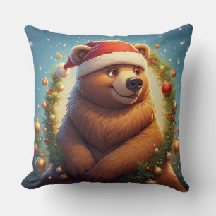 Coussin Ours heureux en chapeau de Père Noël