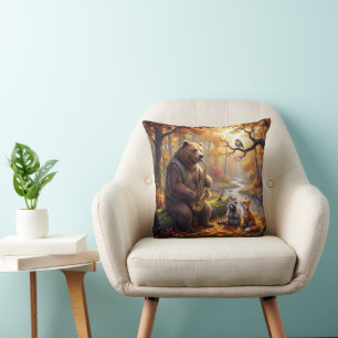 Coussin Ours jouant du saxophone en forêt automnale
