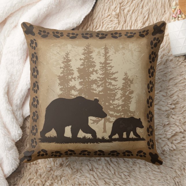Coussin Ours mère et ourson dans la forêt Rustique Élégant (Couverture)