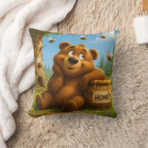 Coussin Ours mignon avec baril de miel et abeilles joyeuse