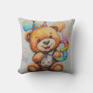 Coussin Ours mignon d'anniversaire avec ballons et chapeau