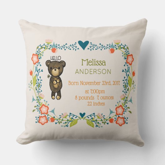 Coussin Ours mignon, Fleur Jaune et Fleur Florale (Recto)