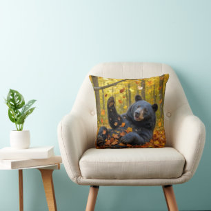 Coussin Ours Noir Dans Les Feuilles Automnes