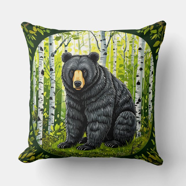 Coussin Ours noir dans une forêt de bouleaux (Recto)