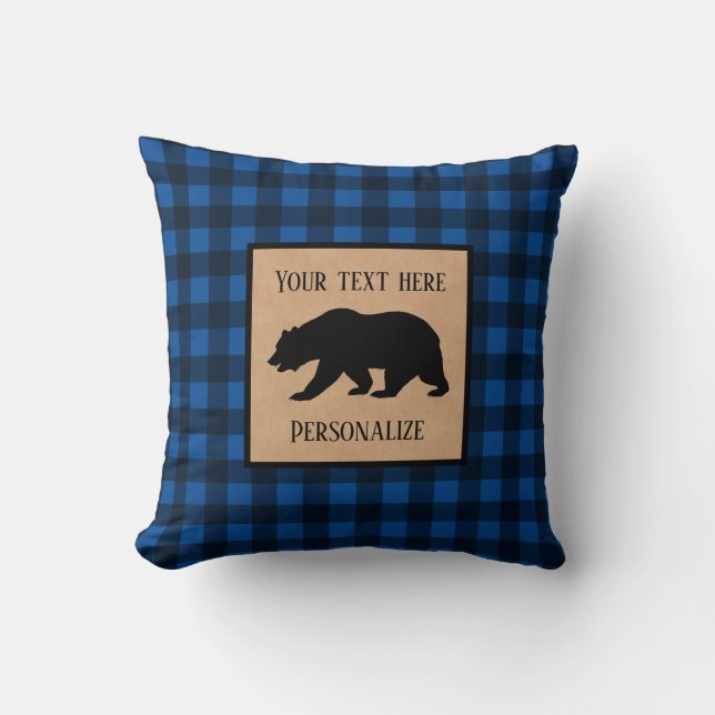 Coussin Ours Noir Sur Un Plaid Noir Bleu Personnalisé (Recto)