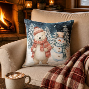 Coussin Ours polaire à l'aquarelle et bonhomme de neige No