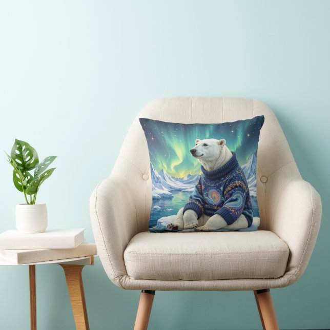 Coussin Ours polaire assis sous les aurores boréales (Chaise)