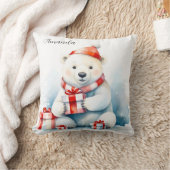 Coussin Ours polaire blanc mignon à l'aquarelle pour Noël (Couverture)