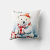 Coussin Ours polaire blanc mignon à l'aquarelle pour Noël (Verso)