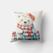 Coussin Ours polaire de Noël blanc aquarelle mignon (Verso)