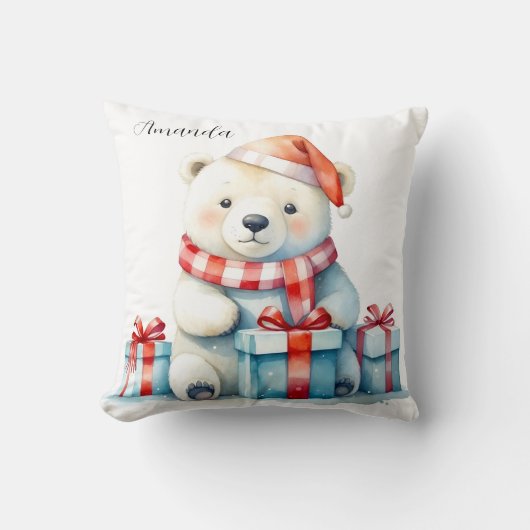 Coussin Ours polaire de Noël blanc aquarelle mignon (Recto)
