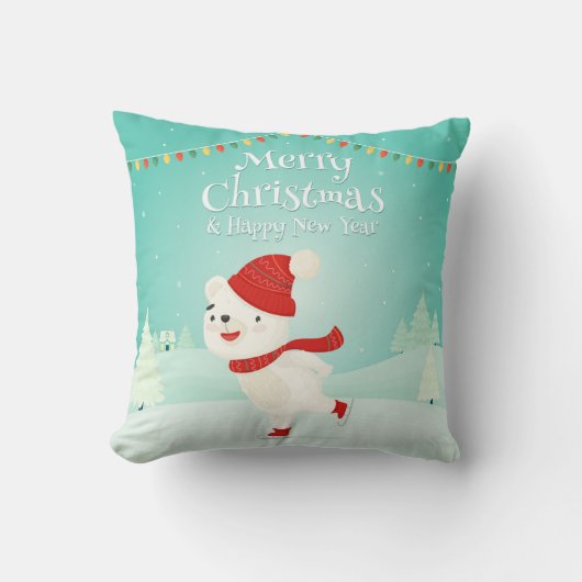 Coussin Ours polaire de Noël mignon avec lumières festives (Recto)