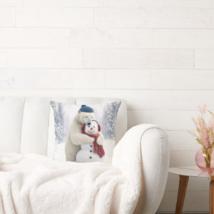 Coussin Ours polaire de Noël serrant un bonhomme de neige