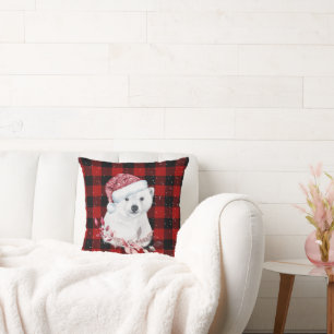 Coussin Ours Polaire De Noël Sur Buffalo Plaid