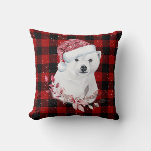 Coussin Ours Polaire De Noël Sur Buffalo Plaid