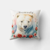 Coussin Ours polaire floral à l'aquarelle blanche (Verso)