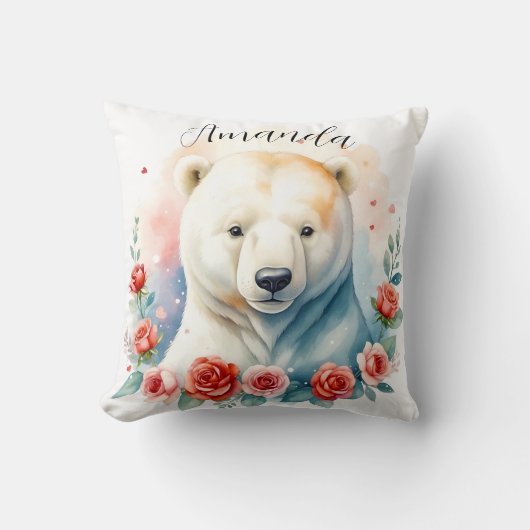 Coussin Ours polaire floral aquarelle blanc (Recto)