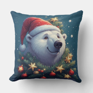 Coussin Ours polaire heureux en chapeau de Père Noël