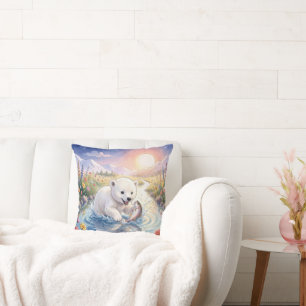 Coussin Ours polaire jouant avec un poisson