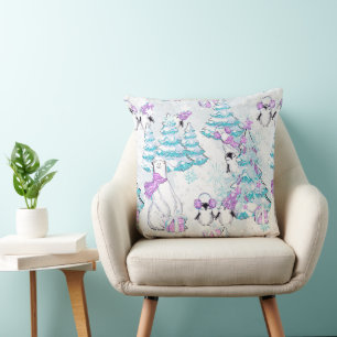 Coussin Ours polaire mignon aquarelle et amis manchots