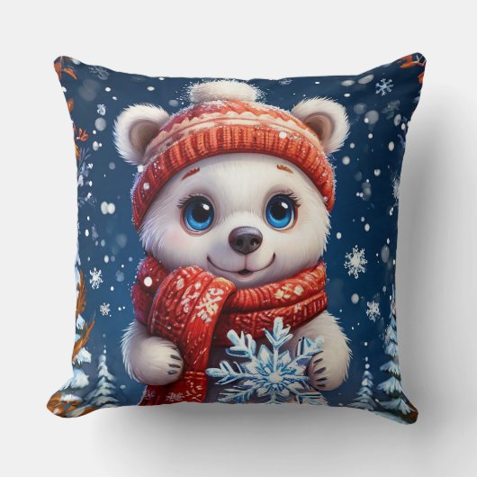 Coussin Ours polaire mignon en écharpe d'hiver (Recto)