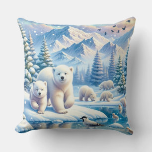 Coussin Ours polaires et peinture hivernale neige
