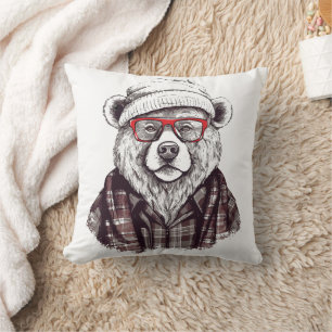 Coussin Ours Rétro aux Lunettes Rouges