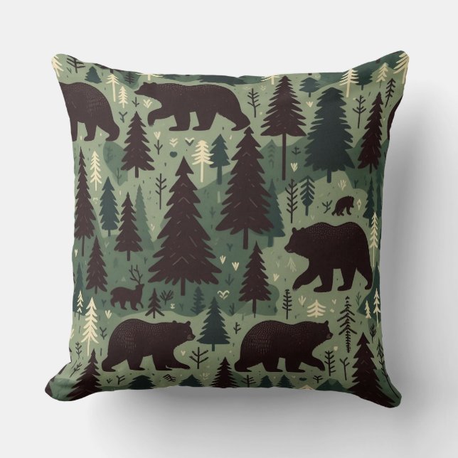 Coussin Ours rustique et scène forestière (Recto)